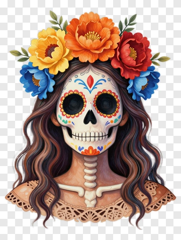 Colorful Sugar Skull Woman With Floral Crown PNG