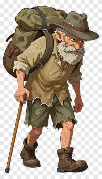 Cartoon Hiker With Backpack And Walking Stick PNG