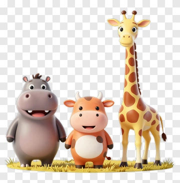 Cartoon Animals: Hippo, Cow, And Giraffe PNG