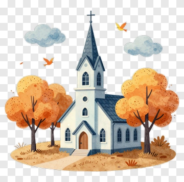 Watercolor Church Surrounded By Autumn Trees PNG