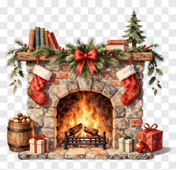 Christmas Fireplace With Stockings And Gifts PNG