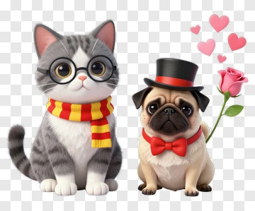 Cartoon Cat And Dog With Hearts And Rose PNG