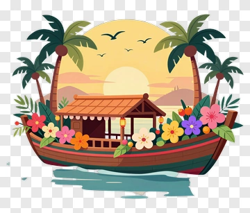 Tropical Boat Surrounded By Palm Trees And Flowers PNG