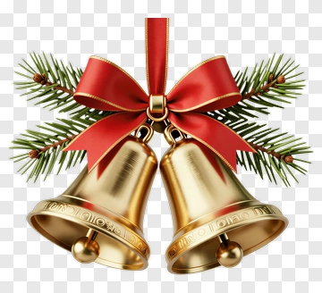 Christmas Bells With Red Ribbon And Pine Branches PNG