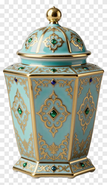 Decorative Turquoise Jar With Gold Accents PNG