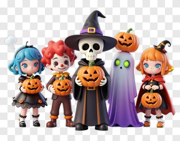 Cartoon Halloween Characters Holding Pumpkin Buckets PNG