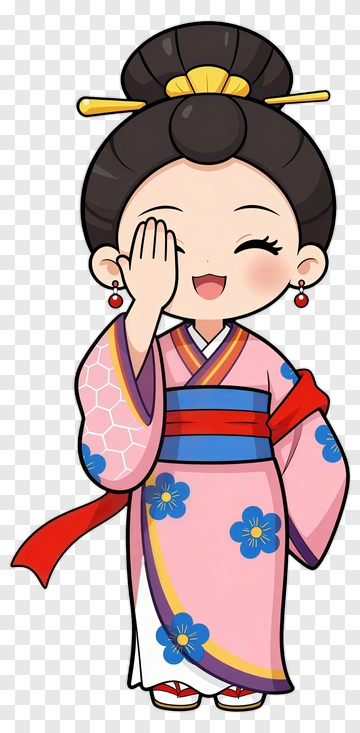 Cartoon Girl In Kimono Smiling PNG