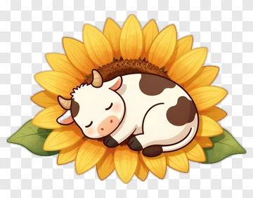 Cartoon Cow Sleeping On A Sunflower PNG