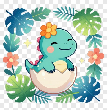 Cartoon Dinosaur Hatching From Egg With Flowers And Leaves PNG