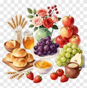 Colorful Food Arrangement With Fruits And Flowers PNG