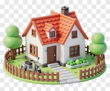 3D House With Fence And Trees PNG