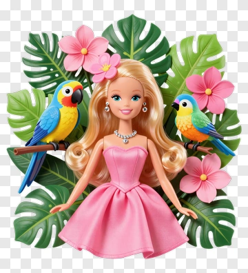 Barbie Doll With Tropical Birds And Flowers PNG