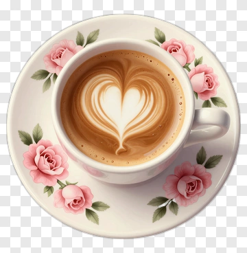 Coffee Cup With Heart Latte Art And Floral Design PNG