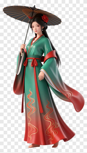 3D Woman In Traditional Kimono Holding A Parasol PNG