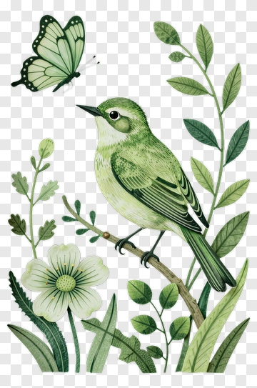 Illustration Of A Green Bird With A Butterfly And Plants PNG