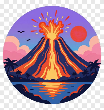 Volcano Erupting With Sunset And Palm Trees PNG