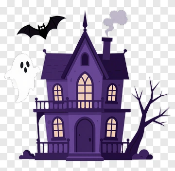 Haunted House With Ghost And Bat PNG
