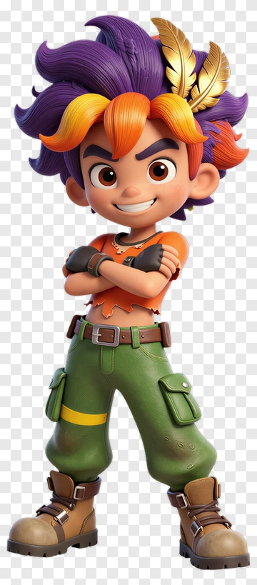 3D Cartoon Boy With Colorful Hair And Feathers PNG
