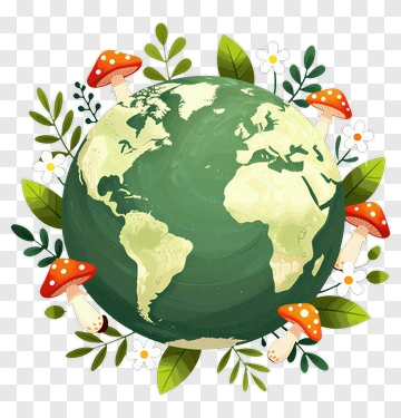 Colorful Earth Surrounded By Mushrooms And Leaves PNG