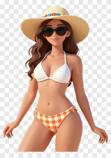 Cartoon Woman In A Swimsuit And Sun Hat PNG