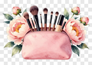 Makeup Brush Set In A Pink Cosmetic Bag With Flowers PNG