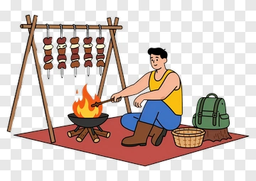 Man Cooking Skewers Over A Campfire PNG