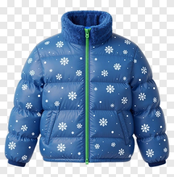 Blue Puffer Jacket With Snowflake Pattern PNG