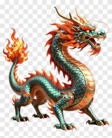 Colorful Chinese Dragon With Flames PNG