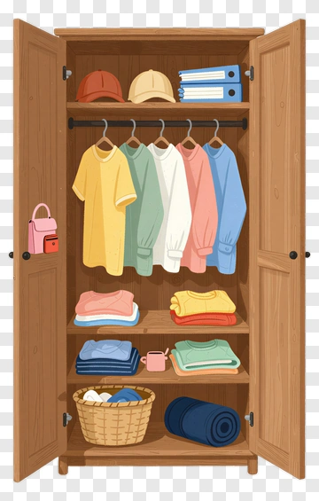 Wooden Wardrobe Filled With Colorful Clothing PNG