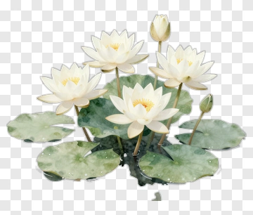 Watercolor White Lotus Flowers On Green Lily Pads PNG