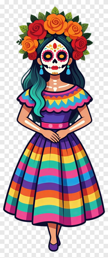 Colorful Catrina Woman In Traditional Dress PNG