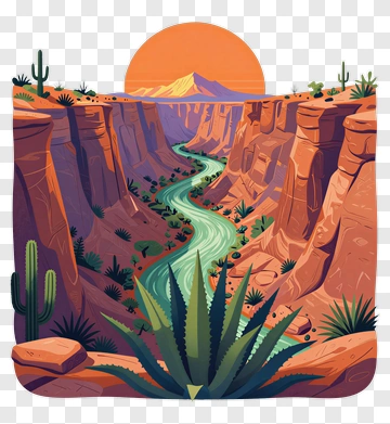 Desert Canyon Landscape With River And Cacti PNG