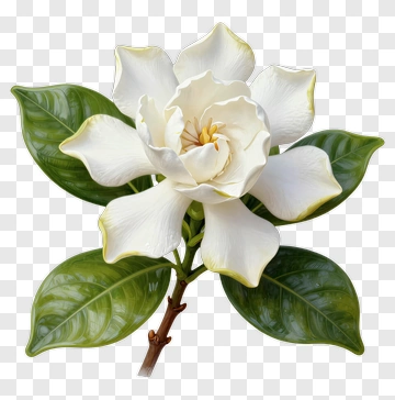 White Gardenia Flower With Green Leaves PNG