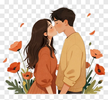 Couple Kissing Surrounded By Flowers PNG