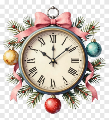 Christmas Clock With Ornaments And Ribbon PNG