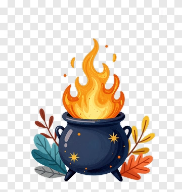 Cartoon Cauldron With Flames And Leaves PNG