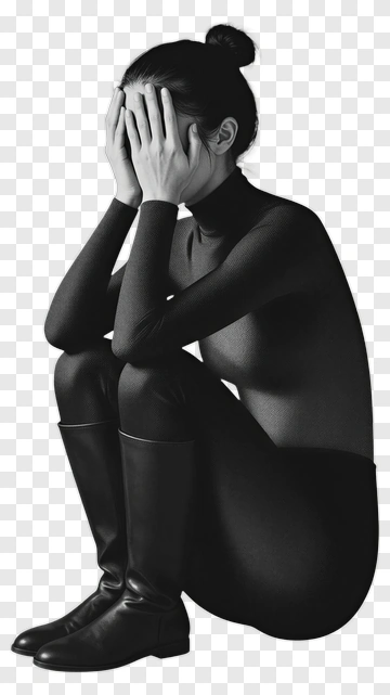 Woman Sitting And Covering Face In Black Outfit PNG