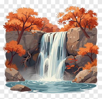 Waterfall Surrounded By Autumn Trees PNG