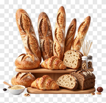 Variety Of Fresh Breads On A Wooden Board PNG