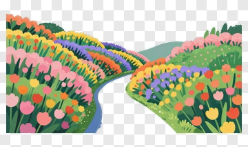Colorful Flower Field With Curved Stream PNG