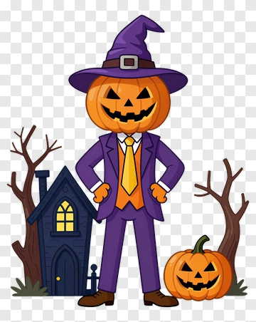 Cartoon Pumpkin Man Standing In Front Of A Haunted House PNG