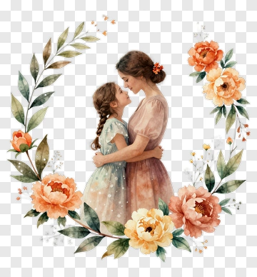 Mother And Daughter Embracing In A Floral Wreath PNG