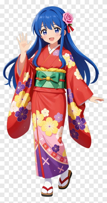 Girl In Colorful Kimono With Flowers PNG