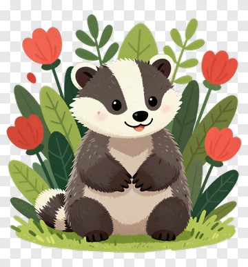 Cartoon Badger Sitting Among Flowers PNG