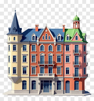 Colorful Building With Tower And Balconies PNG