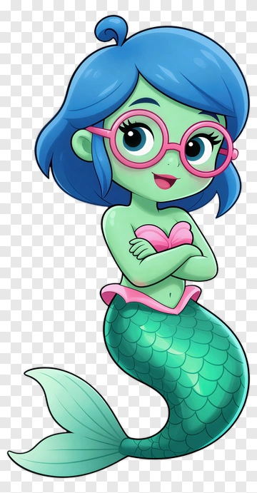Cartoon Mermaid With Blue Hair And Glasses PNG