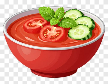 Bowl Of Tomato Soup With Cucumbers And Mint PNG