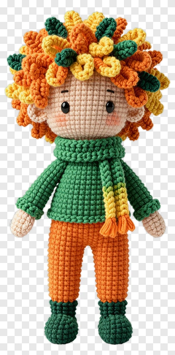Colorful Crochet Doll With Orange Hair And Green Scarf PNG
