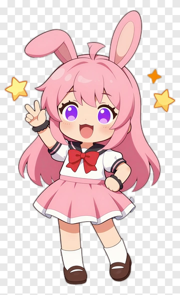 Kawaii Rabbit Girl With Pink Hair And Stars PNG