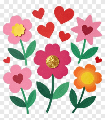 Colorful Paper Flowers And Hearts PNG